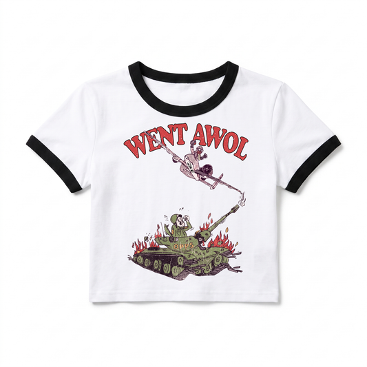 Went AWOL womens baby ringer tee, white body, black trim, centered print