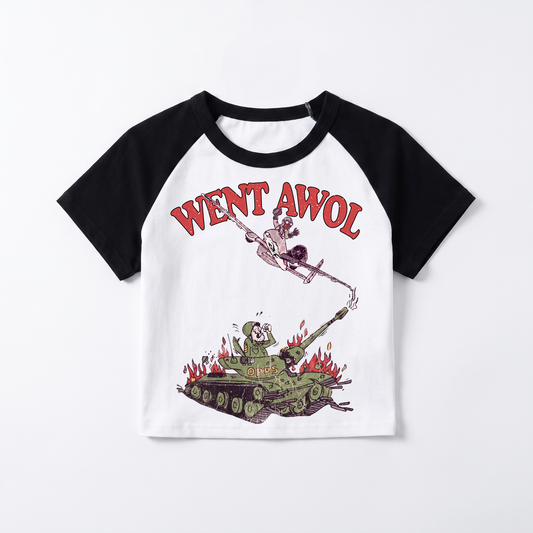 Went AWOL womens raglan baby tee, white body, black sleeves, centered print
