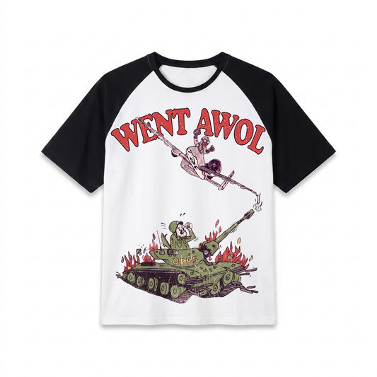 Went AWOL raglan tee, white body, black sleeves, front print