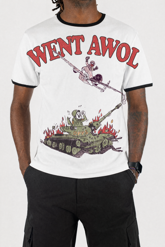 Went AWOL ringer tee, black and white ringer with centered front print